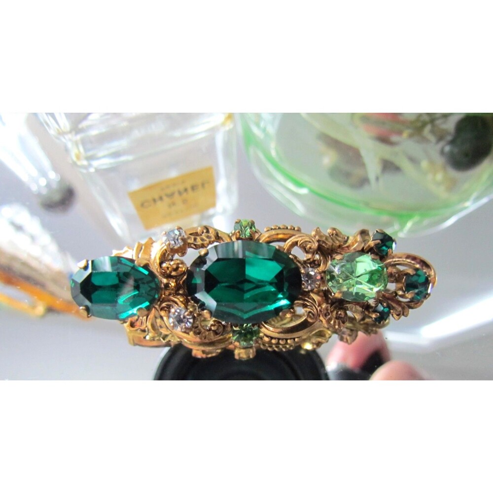 Vintage Emerald Green Rhinestone Brooch 1950s Ornate Statement Hollywood Regency